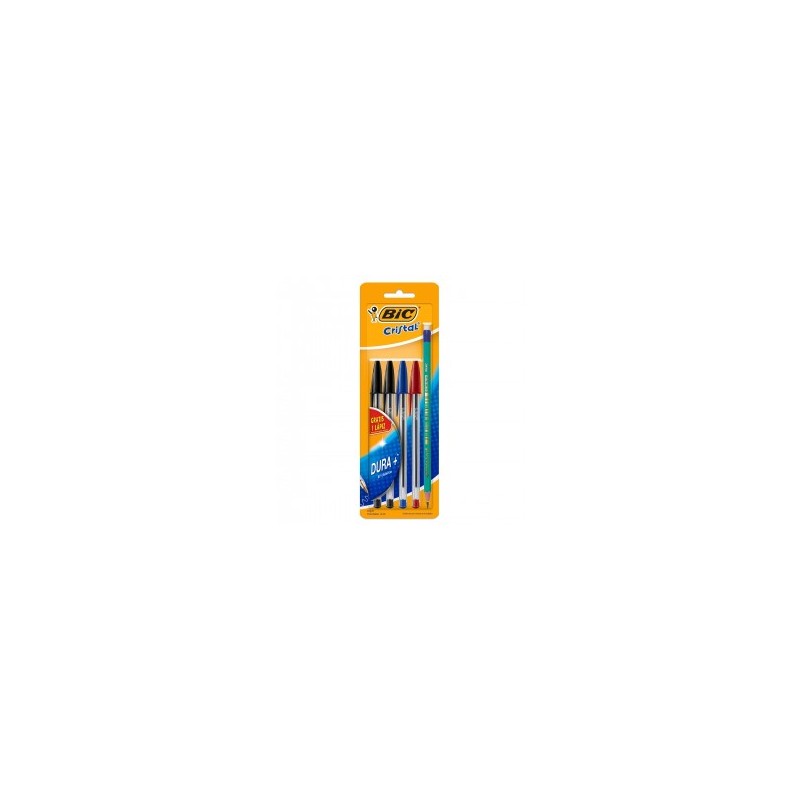 Plumas Bic Cristal Dura Más Punto Mediano Tinta Negra Roja Azul 1/4 Piezas + Lápiz gratis 73191